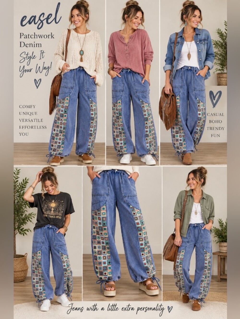 easel Blue Denim Flare Jeans with Multicolor Patchwork Panels